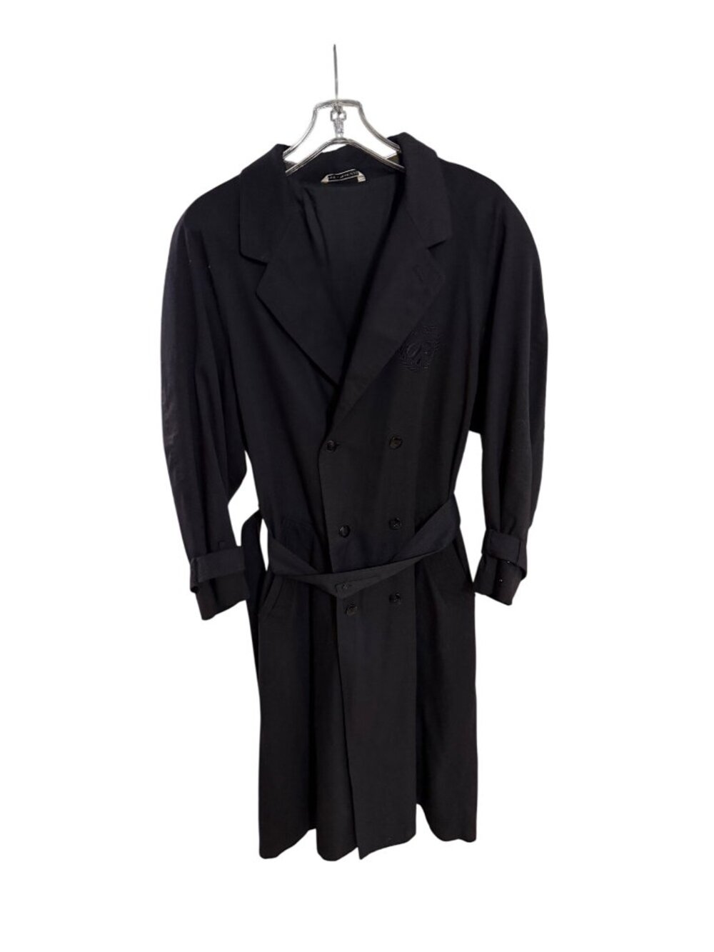 Cosi Vintage Black Double-Breasted Long Trench Coat With Waist Tie Belt & Embroi